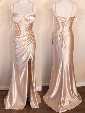 Champagne Formal Sweetheart Corset Satin Prom Party Wedding guest Dress 2